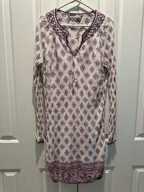 Athleta Cotton Gauze Boho Embroidered Tunic Dress White Purple Long Sleeve M
